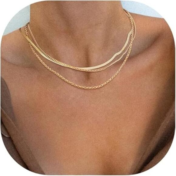 Herringbone Necklace for Women,Dainty Gold Necklace,14k Gold Plated Snake - Picture 7 of 7